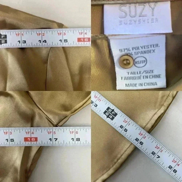 Suzy Shier Wrap Blouse Gold Satin V Neck Tie Waist 3/4 Sleeve Sash  Belt Size XS - Picture 15 of 16